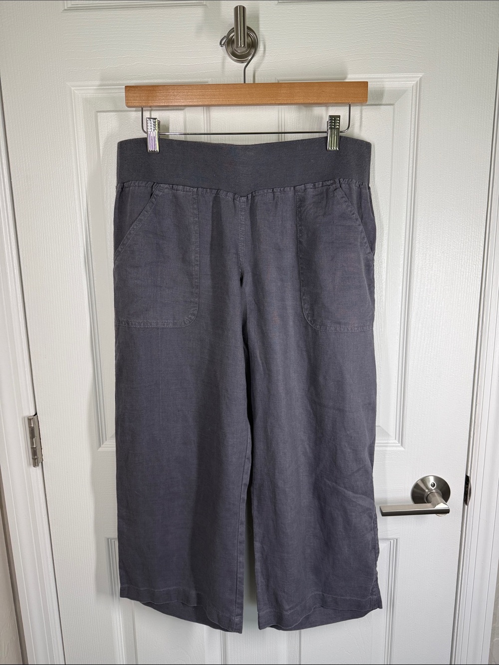 Allen Allen blue/gray linen crop elastic waist pants size medium
